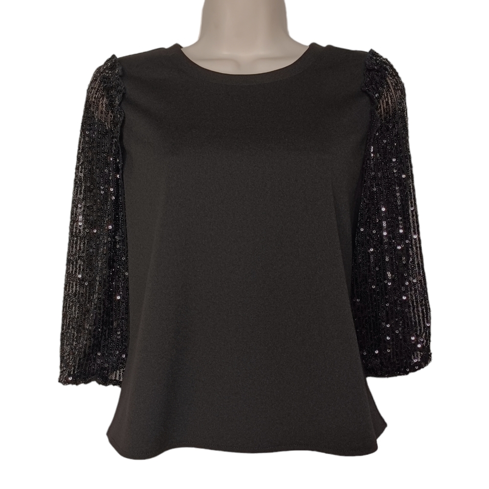 BCBGENERATION Black Sequin Semi Sheer Sleeve Black Top X-Small